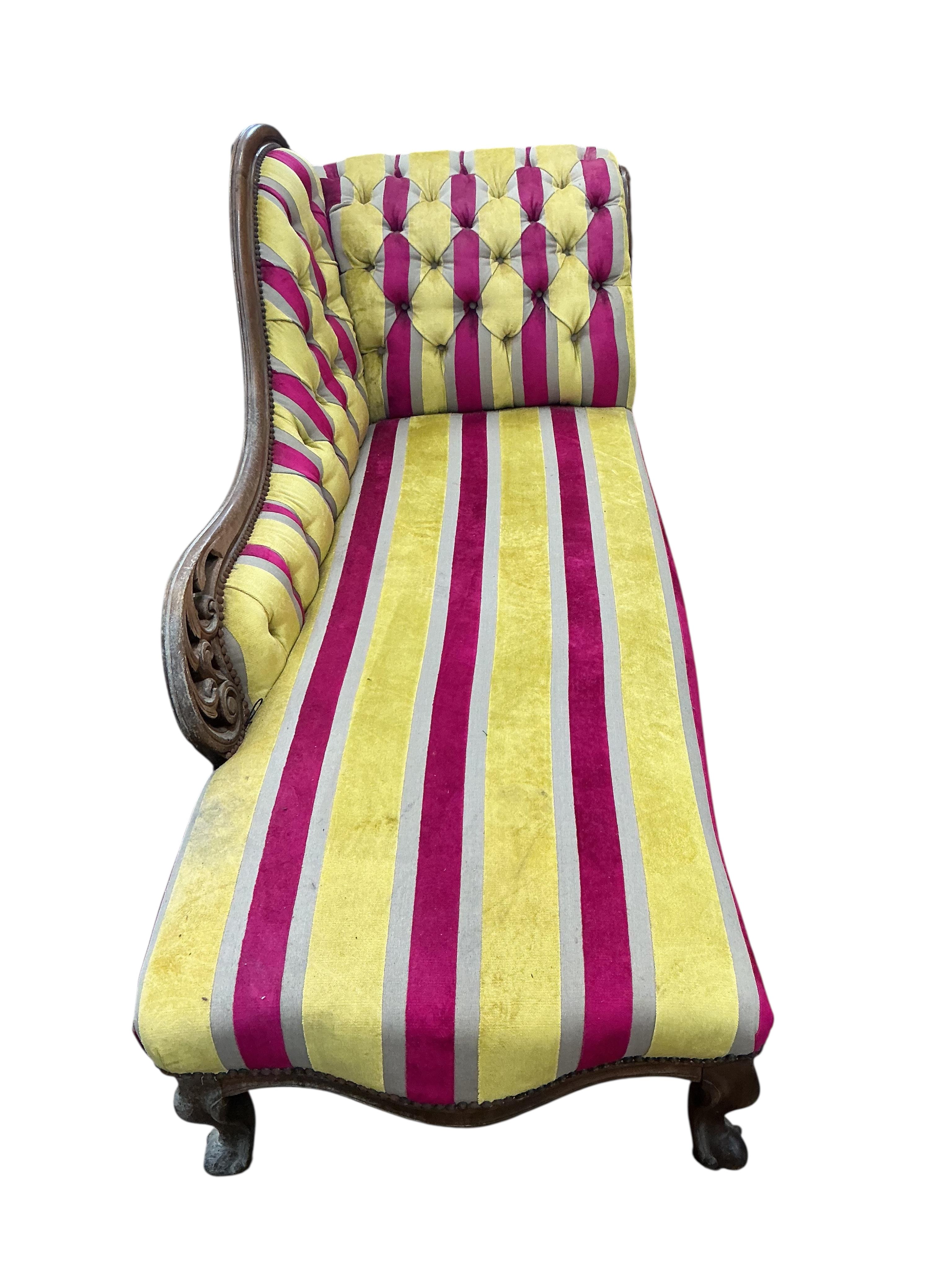A Victorian mahogany scroll end chaise longue, width 180cm, depth 70cm, height 85cm